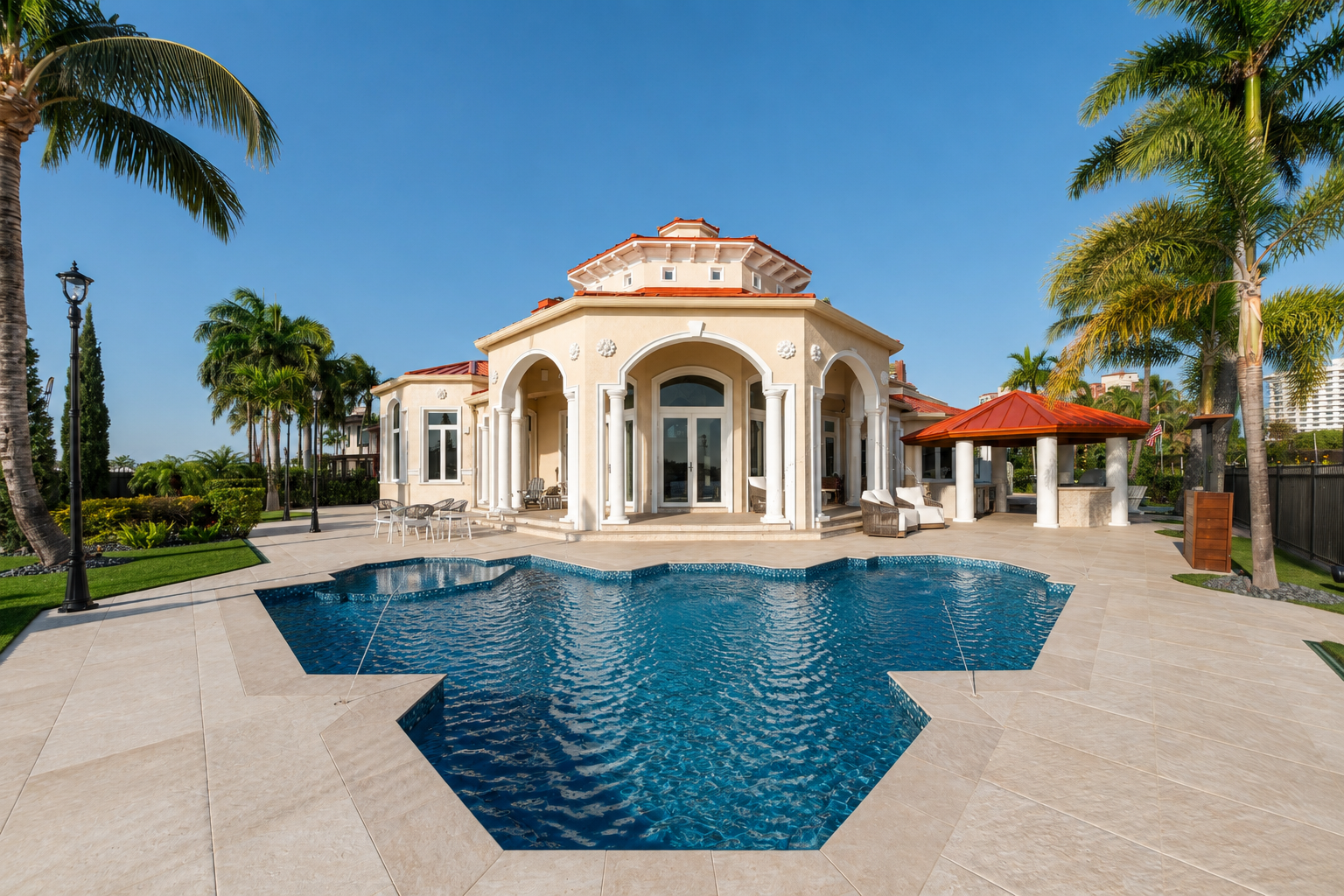 Completed pool terrace and exterior of a South Florida home