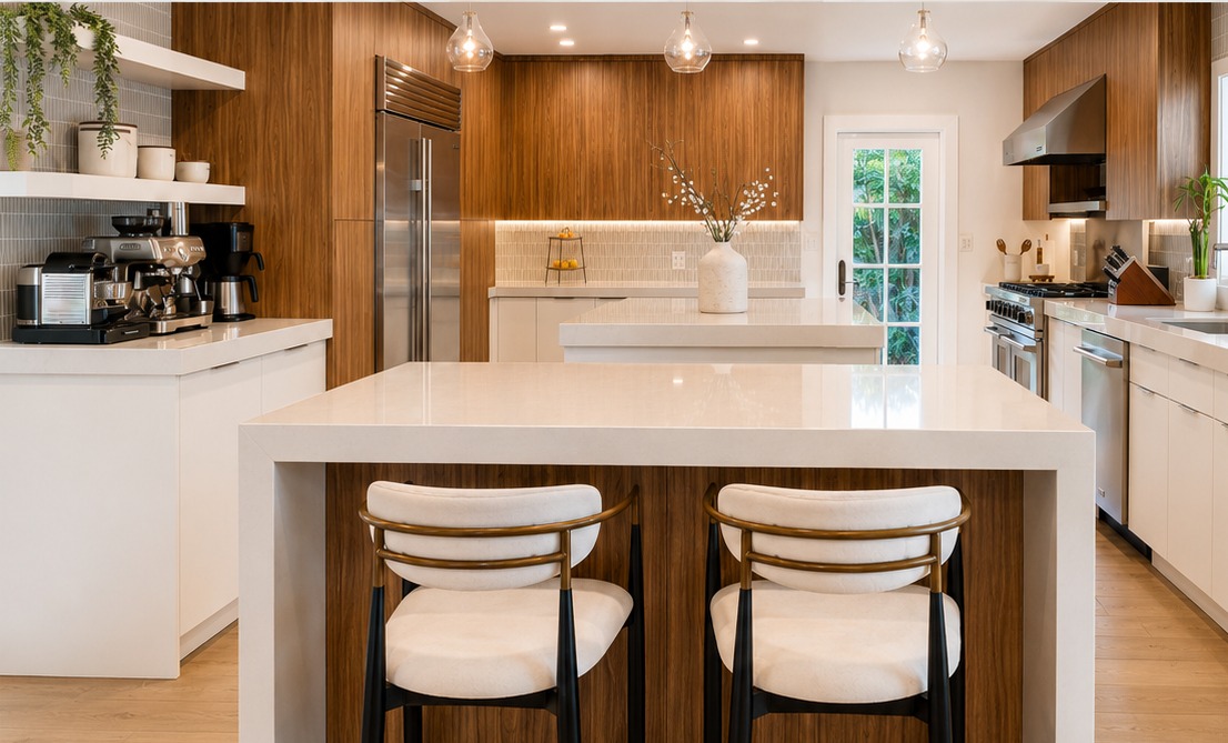 Custom kitchen with walnut cabinetry and a stone waterfall island