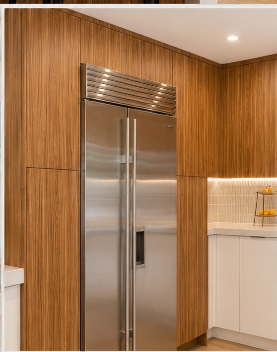 Full-height walnut cabinetry with integrated appliance panels