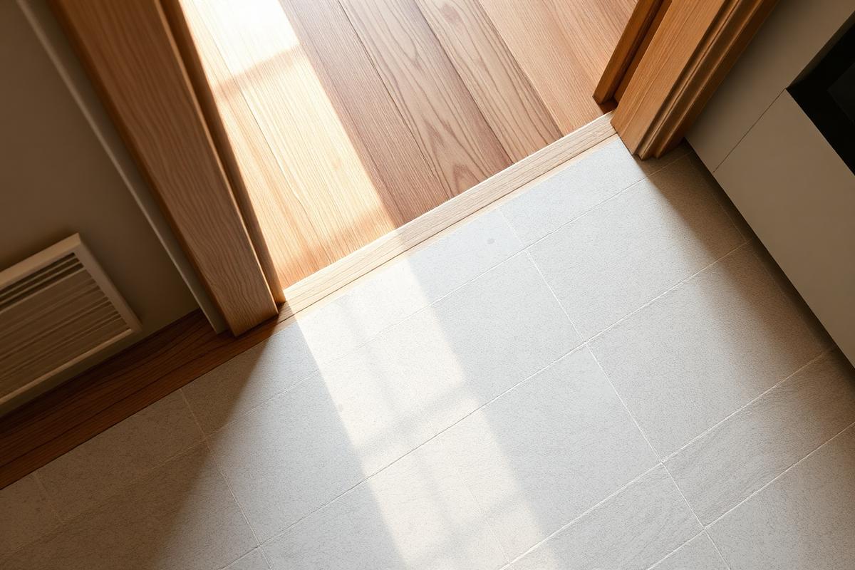 Threshold detail between wood and stone flooring