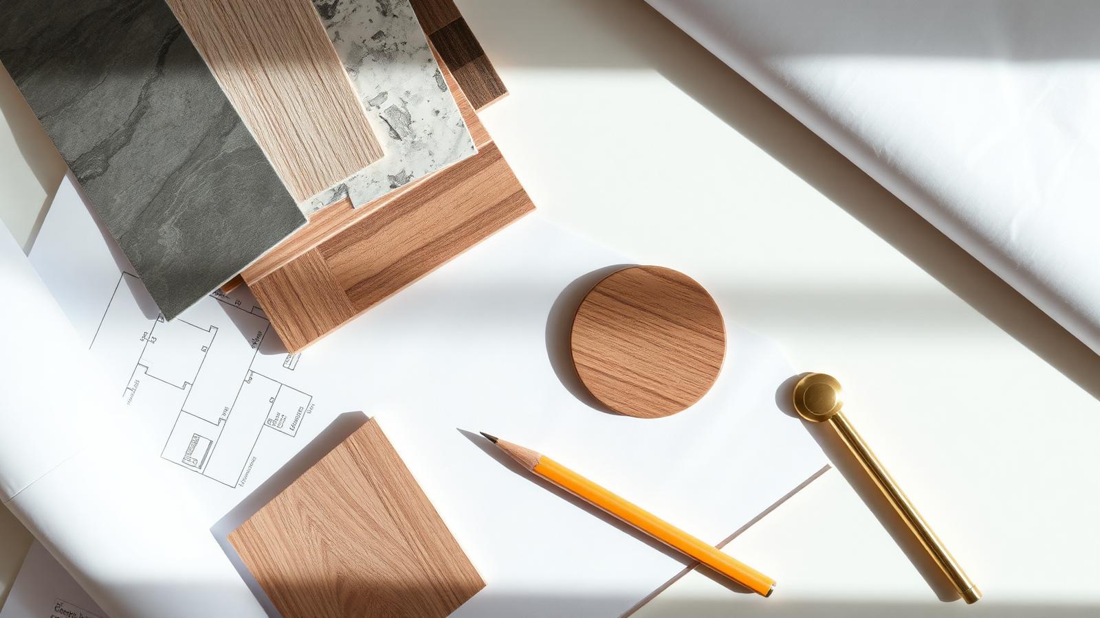 Renovation drawings and material samples laid out on a work surface