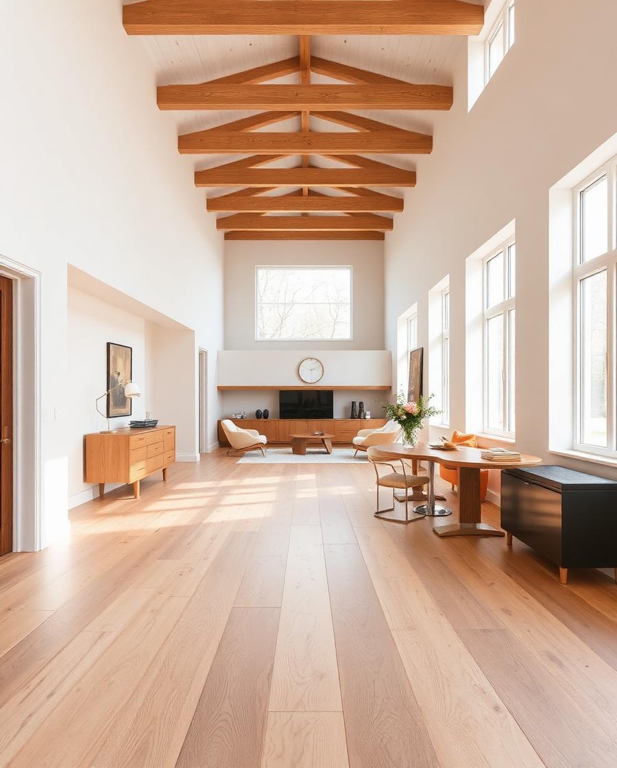 Wide-plank wood flooring running through a renovated interior
